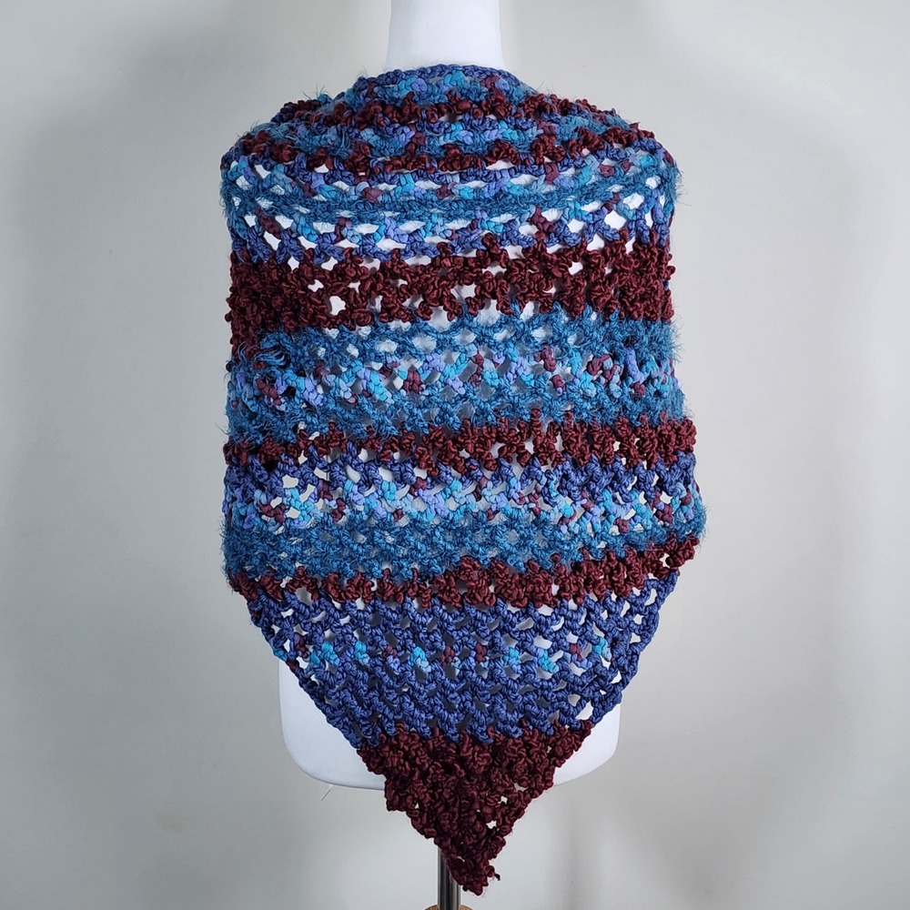 Crochet Triangle Shawl Blue Burgundy Striped Boho Wrap Scarf Handmade Eclectic